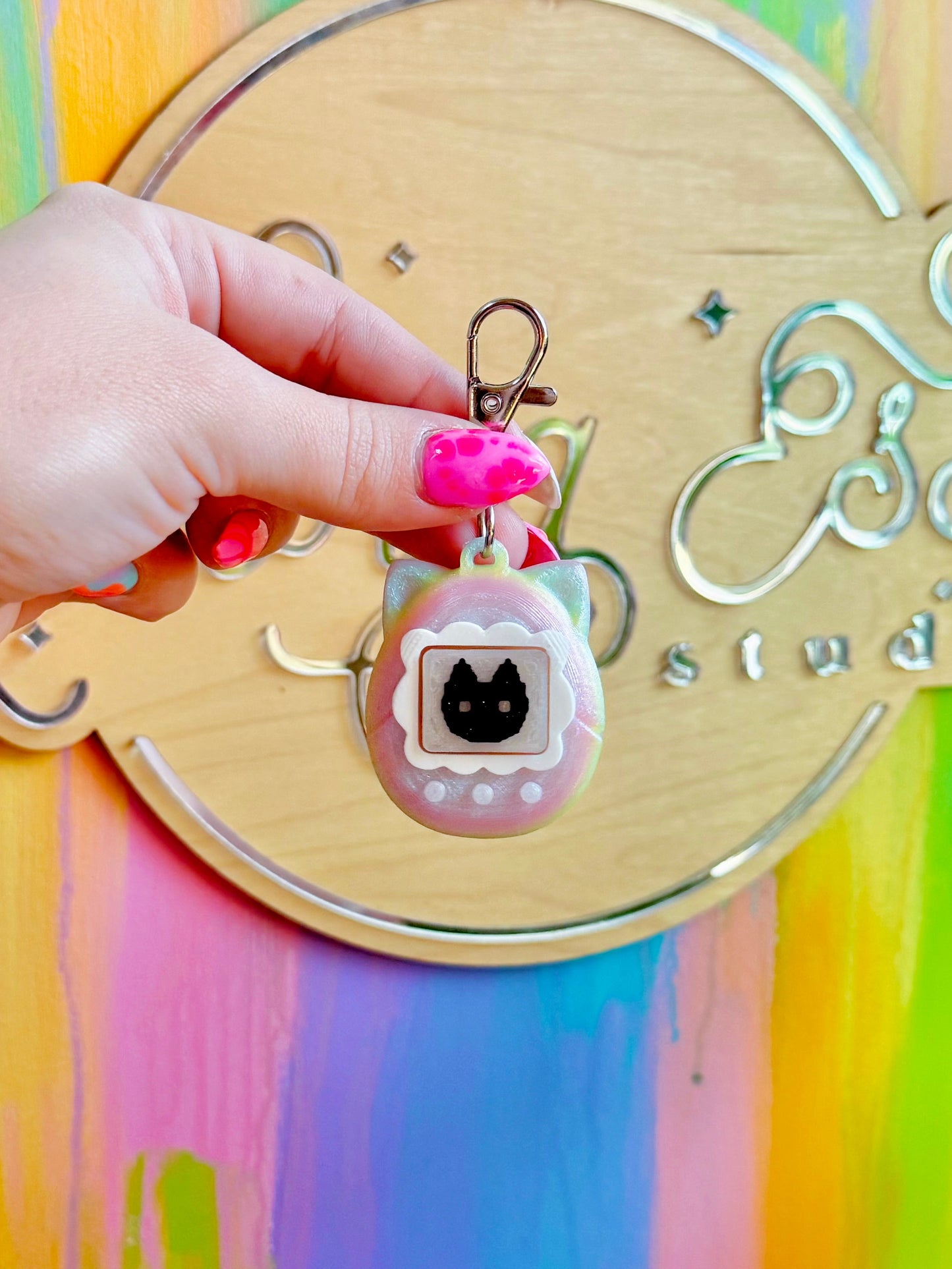 Rainbow Kitty Y2K Game Clicker Keychain