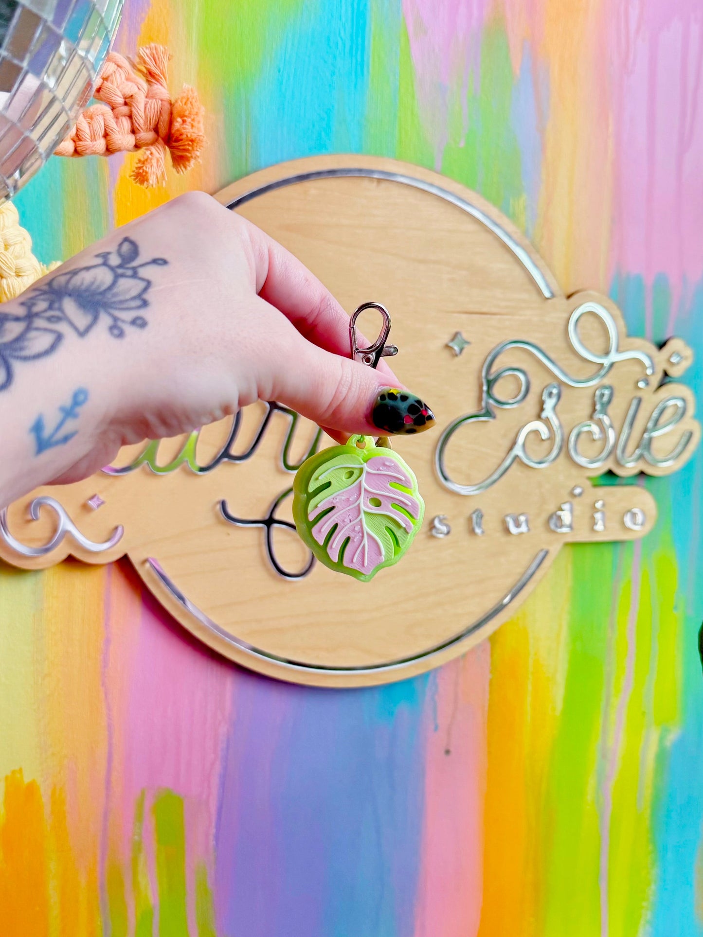 Pink Monstera Clicker Keychain